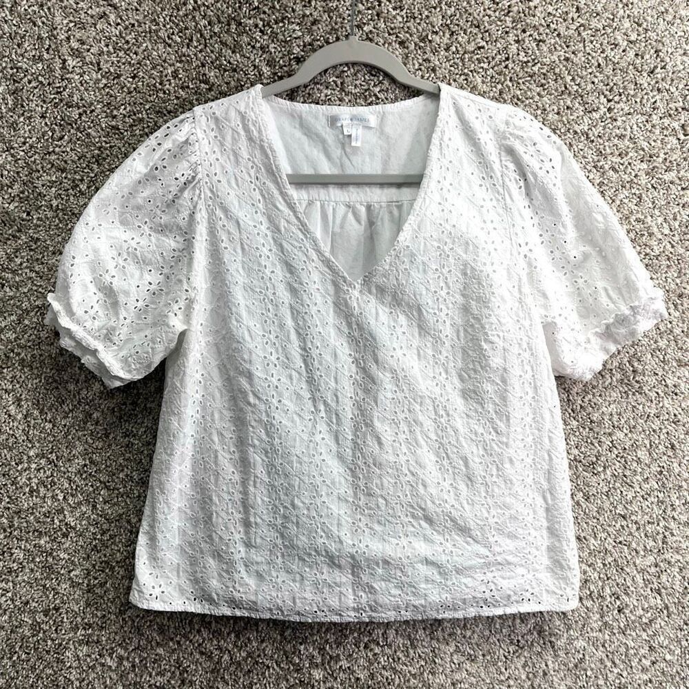 Draper James Top Women’s Large White Eyelet Cotton Short Puff Sleeve V-Neck